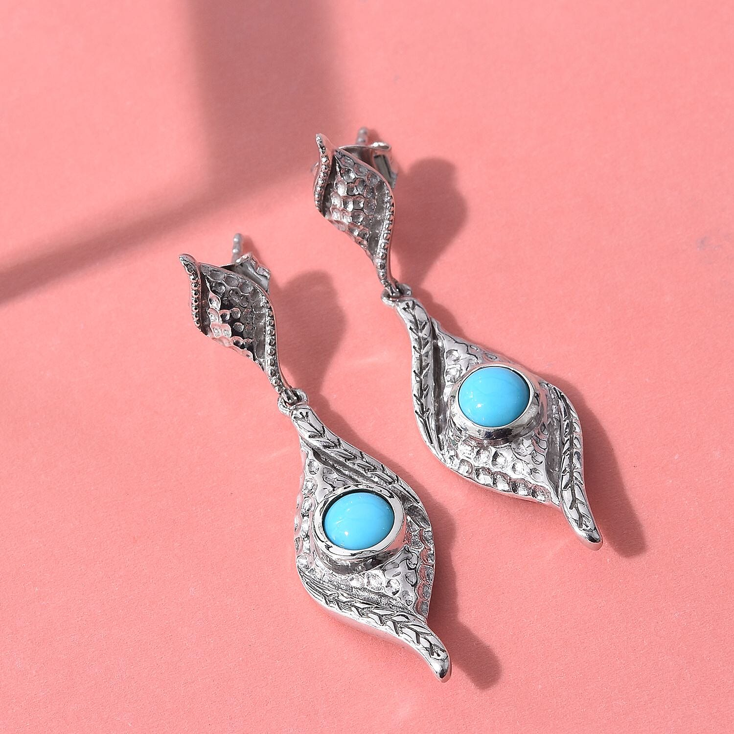 Arizona Sleeping Beauty Turquoise (Rnd) Dangle Earrings (with Push Back) in Platinum Overlay Sterling Silver 1.00 Ct, Silver wt 5.00 Gms