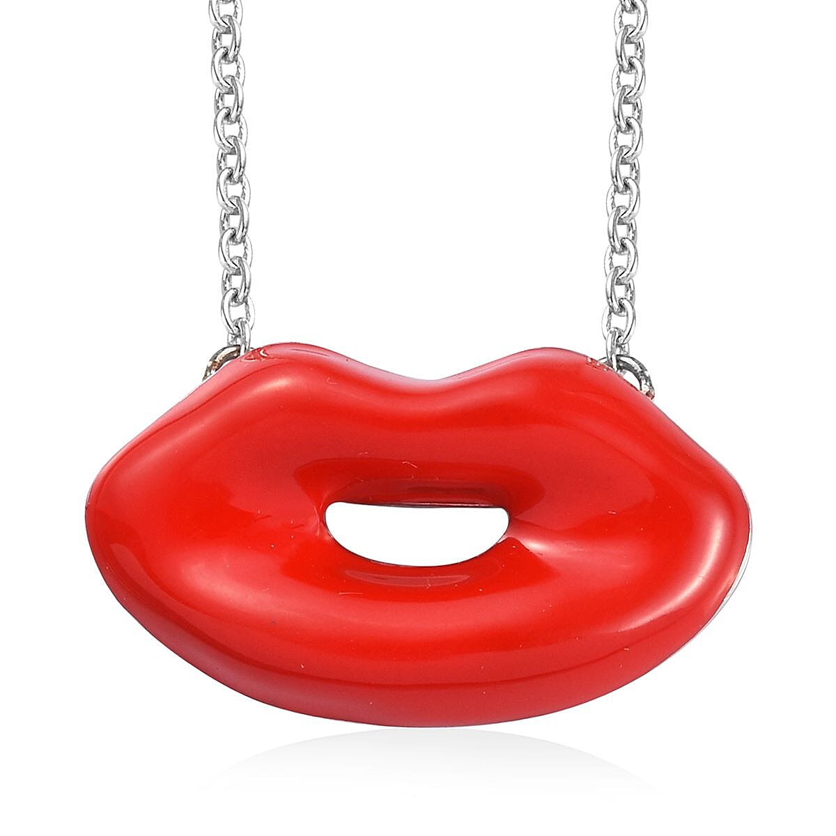 GP - Kiss Necklace- Blue Sapphire Enamelled Lips Necklace (Size 20) in Platinum Overlay Sterling Silver