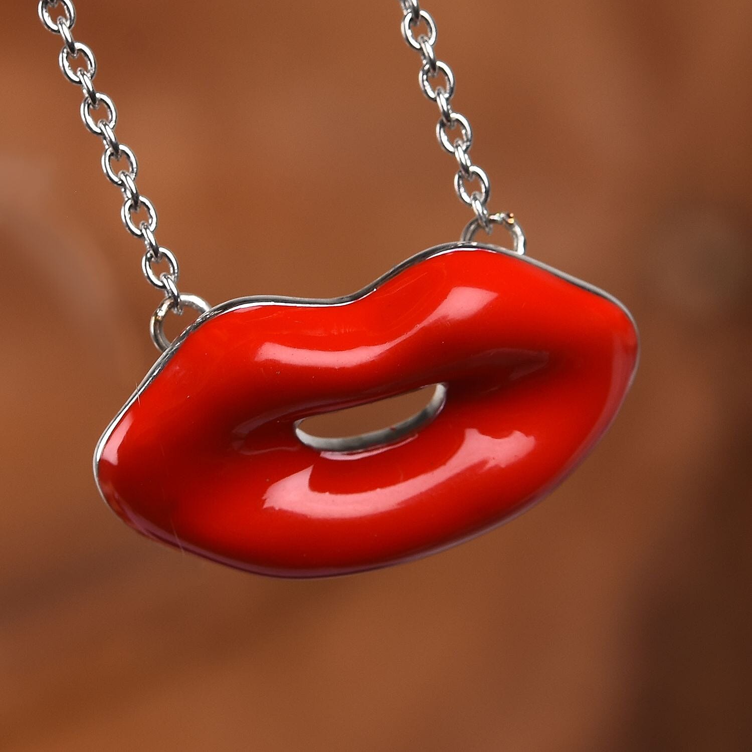 GP - Kiss Necklace- Blue Sapphire Enamelled Lips Necklace (Size 20) in Platinum Overlay Sterling Silver