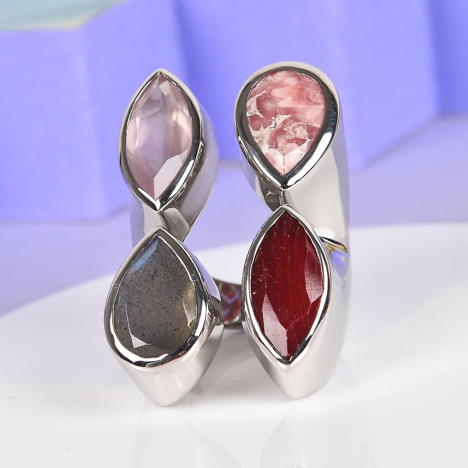 Sundays Child - Rhodochrosite, Rose Quartz and Multi Gemstone Ring in Platinum Overlay Sterling Silver 18.75 Ct, Silver wt. 12.70 Gms
