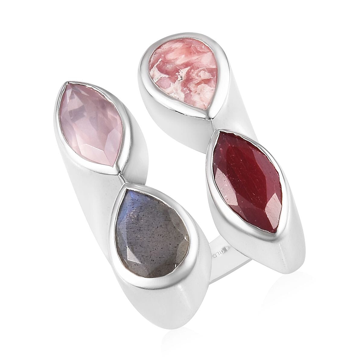 Sundays Child - Rhodochrosite, Rose Quartz and Multi Gemstone Ring in Platinum Overlay Sterling Silver 18.75 Ct, Silver wt. 12.70 Gms