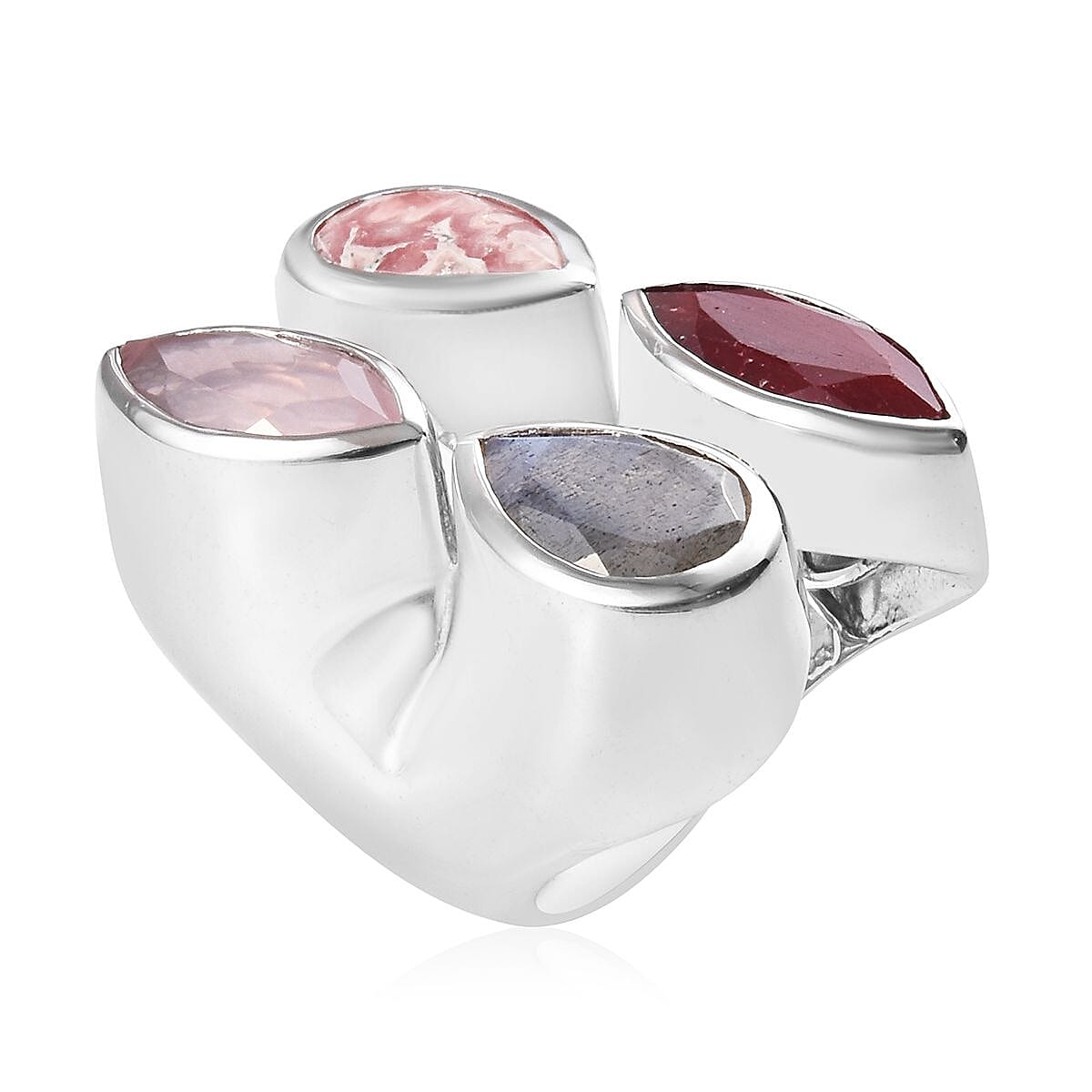 Sundays Child - Rhodochrosite, Rose Quartz and Multi Gemstone Ring in Platinum Overlay Sterling Silver 18.75 Ct, Silver wt. 12.70 Gms