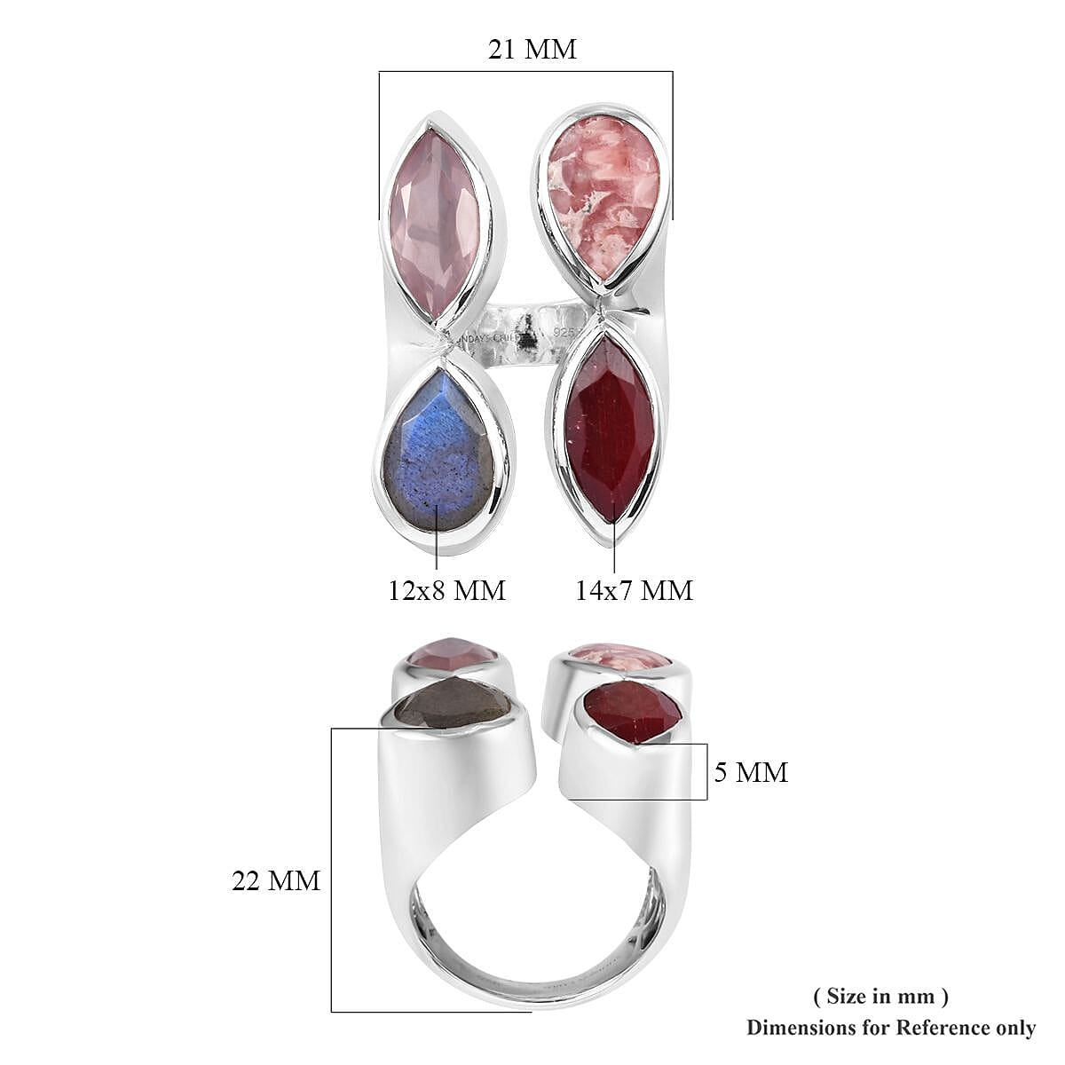 Sundays Child - Rhodochrosite, Rose Quartz and Multi Gemstone Ring in Platinum Overlay Sterling Silver 18.75 Ct, Silver wt. 12.70 Gms