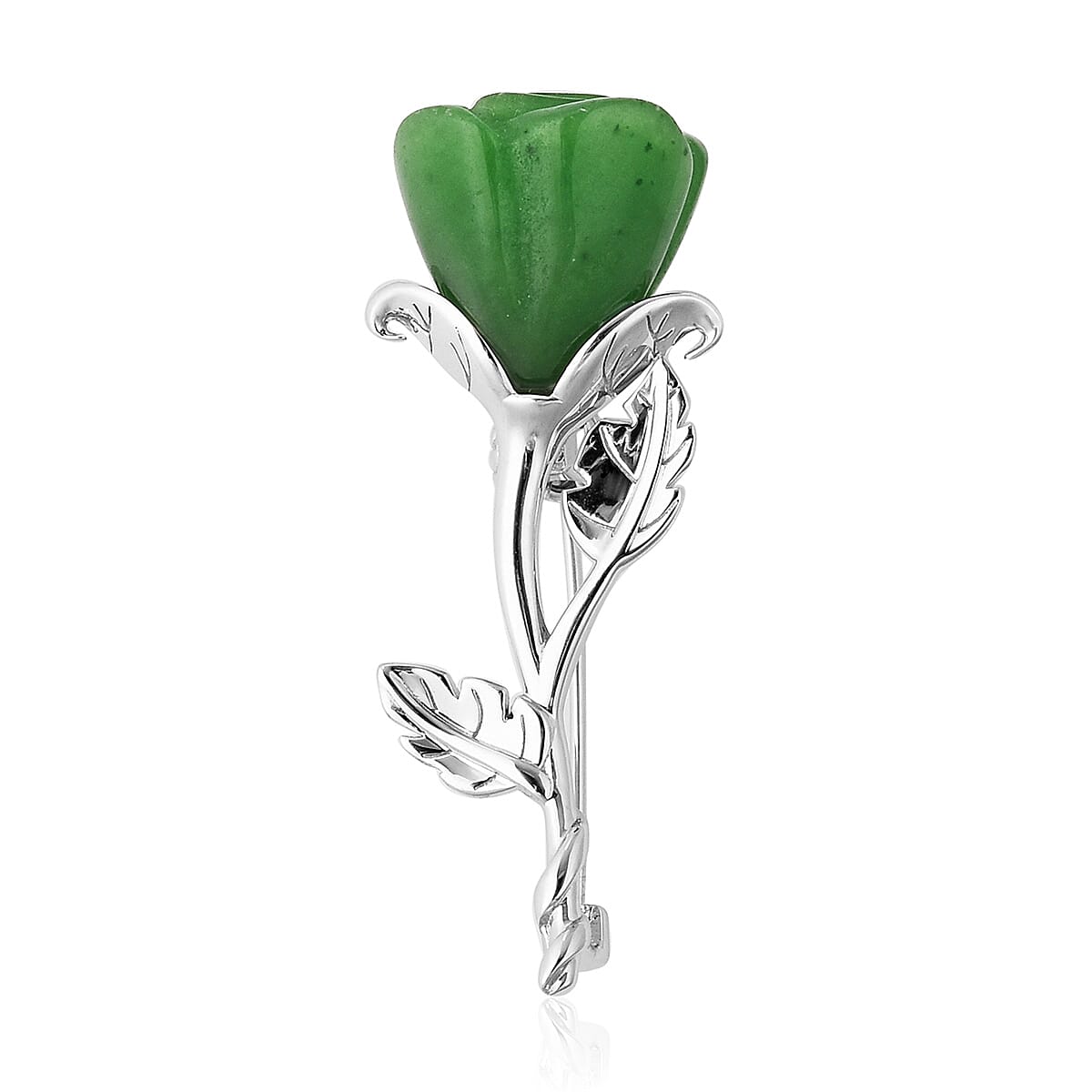 Green Jade Rose Brooch in Rhodium Overlay Sterling Silver 22.00  Ct.