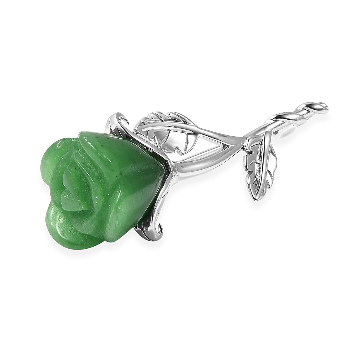 Green Jade Rose Brooch in Rhodium Overlay Sterling Silver 22.00  Ct.