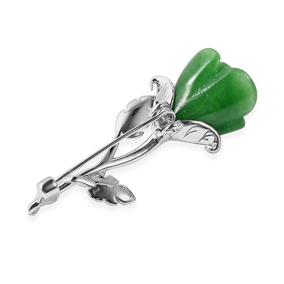 Green Jade Rose Brooch in Rhodium Overlay Sterling Silver 22.00  Ct.