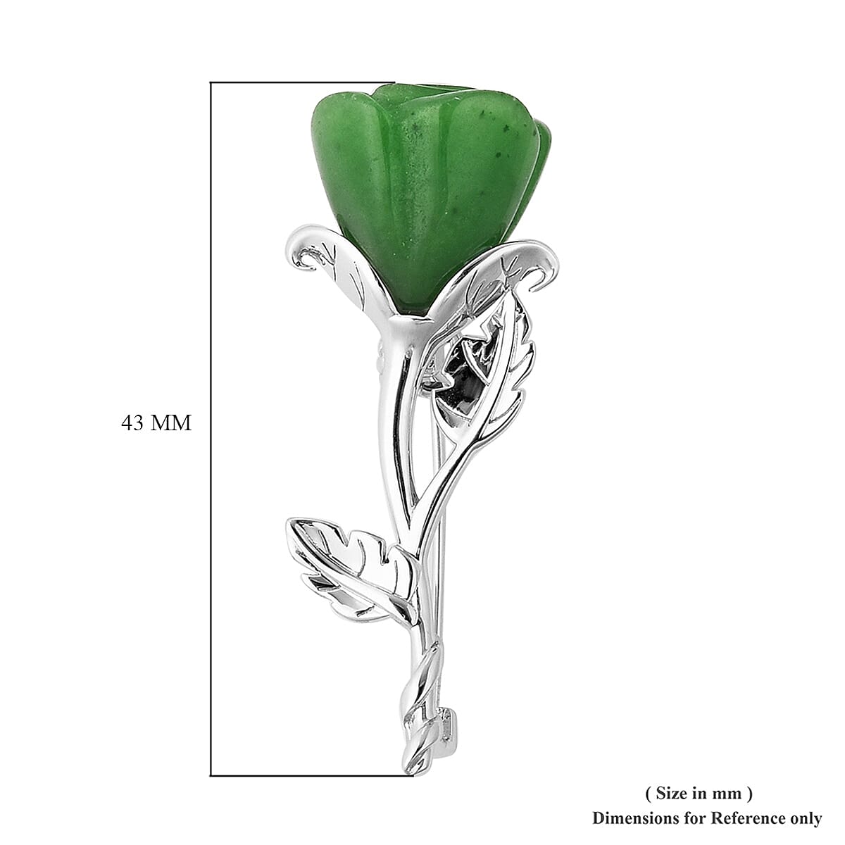 Green Jade Rose Brooch in Rhodium Overlay Sterling Silver 22.00  Ct.