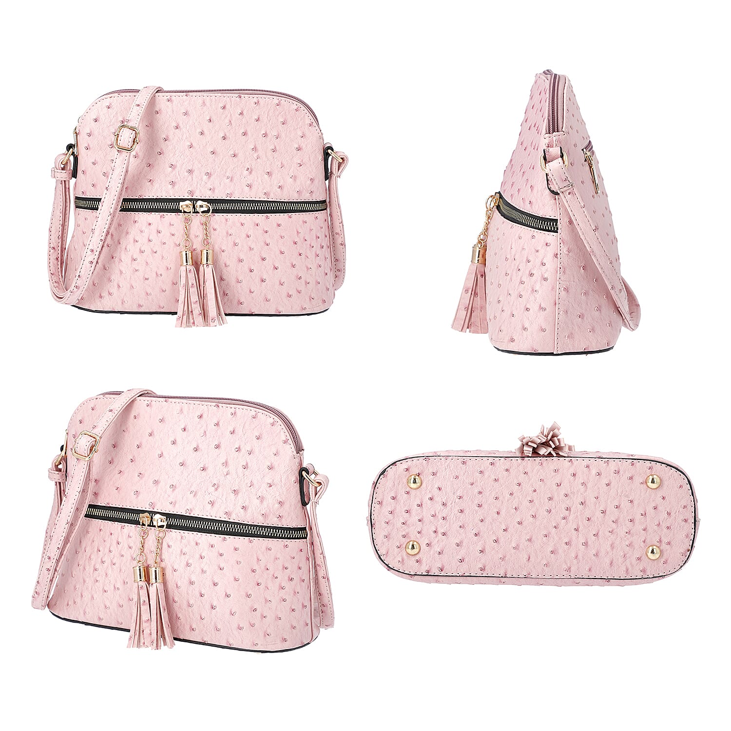Designer Inspired - Ostrich Embossed Crossbody Bag with Tassel Zipper (Size 26x10x23cm) - Pink
