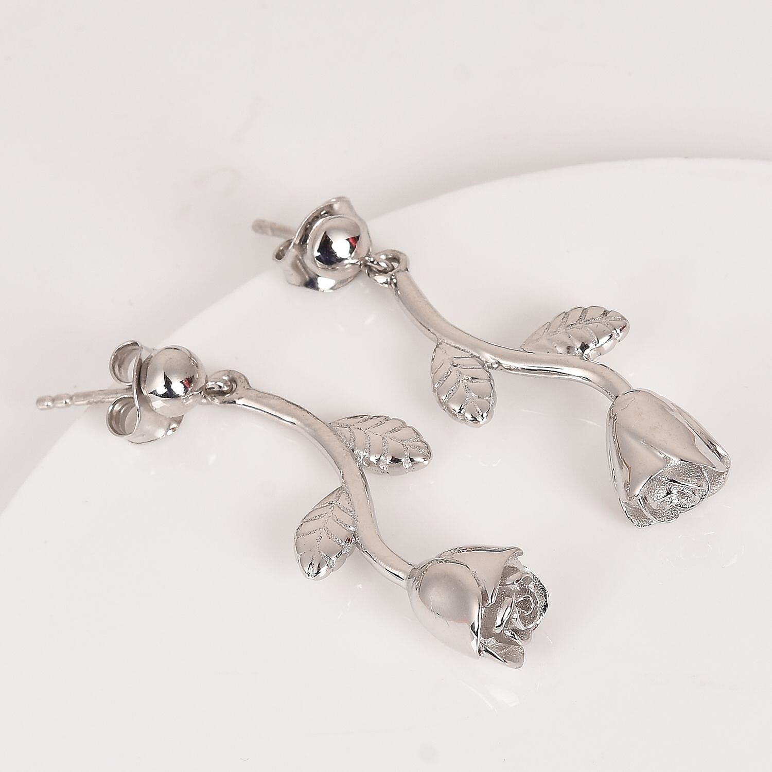 Platinum Overlay Sterling Silver Floral Earrings (with Push Back), Silver wt 6.30 Gms