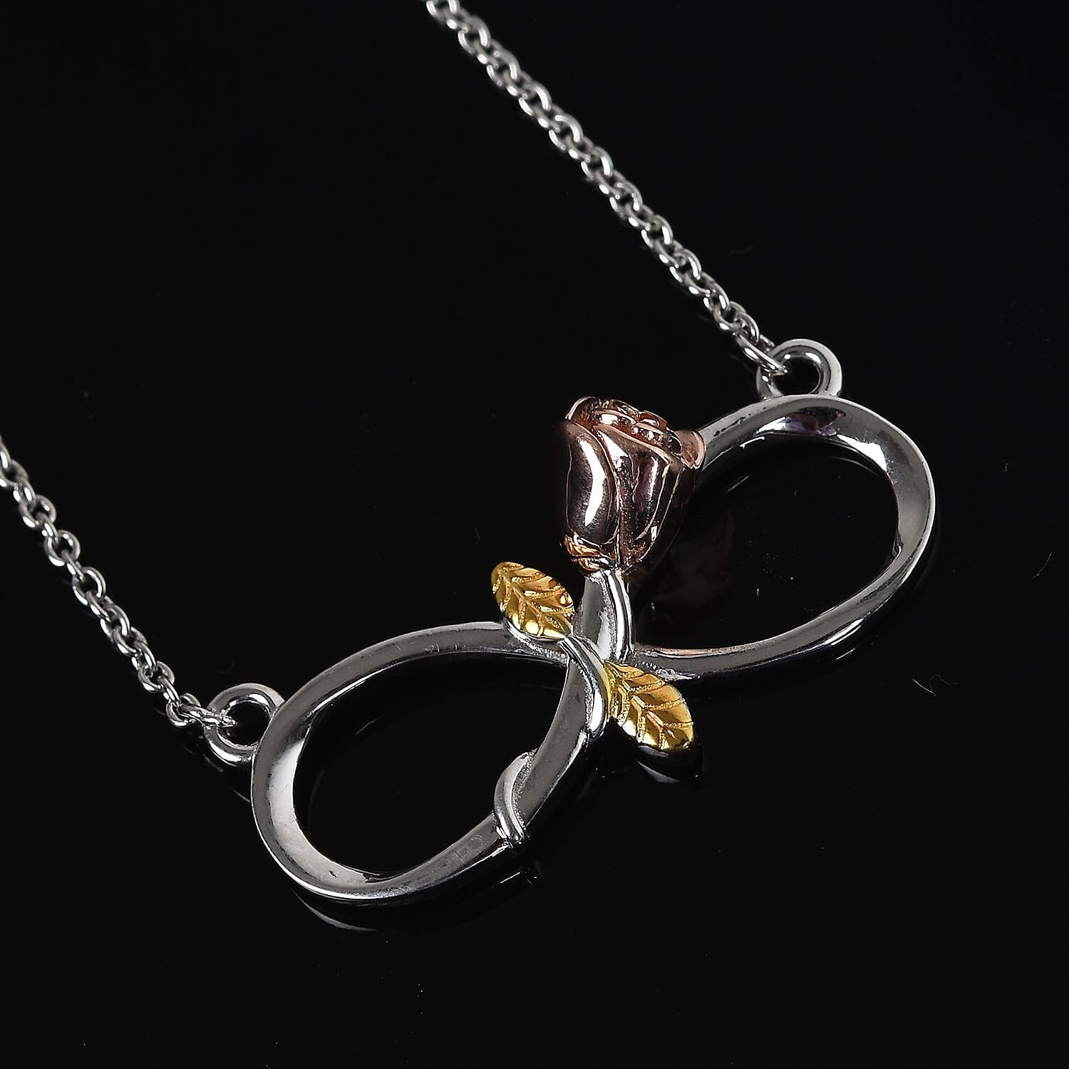 Platinum, Yellow and Rose Gold Overlay Sterling Silver Infinity Rose Necklace (Size 18), Silver wt 5.60 Gms
