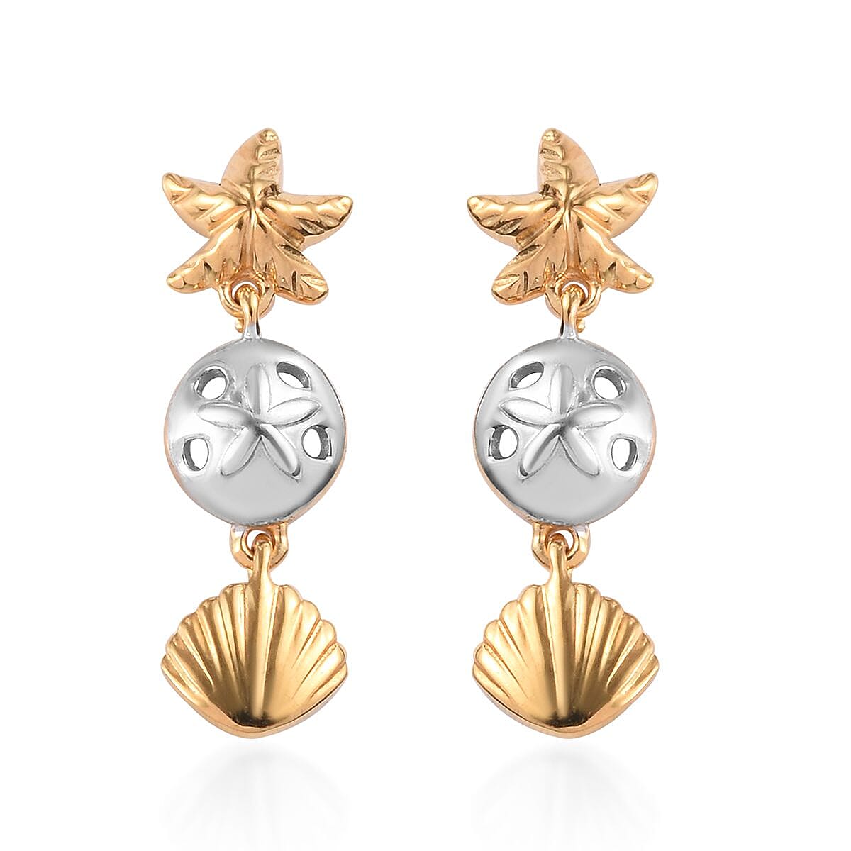 Platinum and Yellow Gold Overlay Sterling Silver Star Fish and Sea Shell Dangle Earrings (with Push Back)
