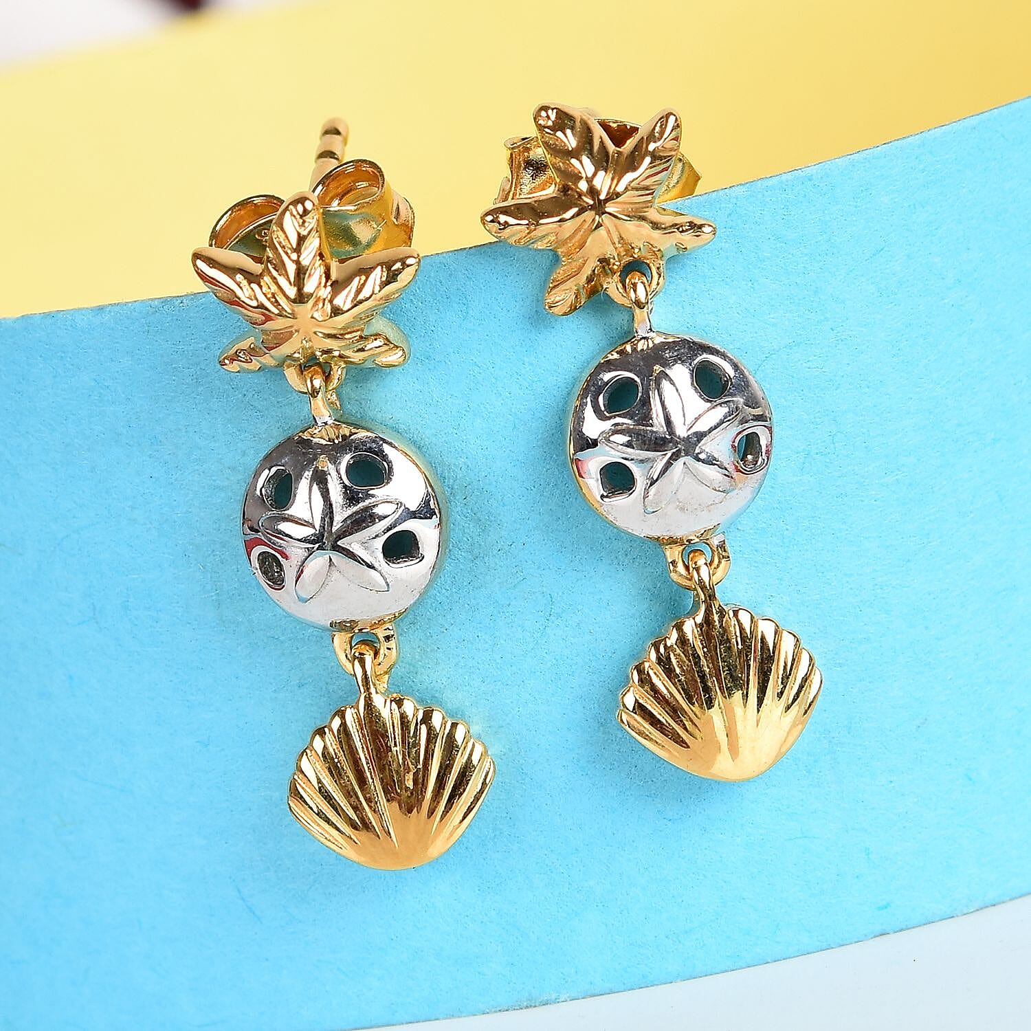 Platinum and Yellow Gold Overlay Sterling Silver Star Fish and Sea Shell Dangle Earrings (with Push Back)