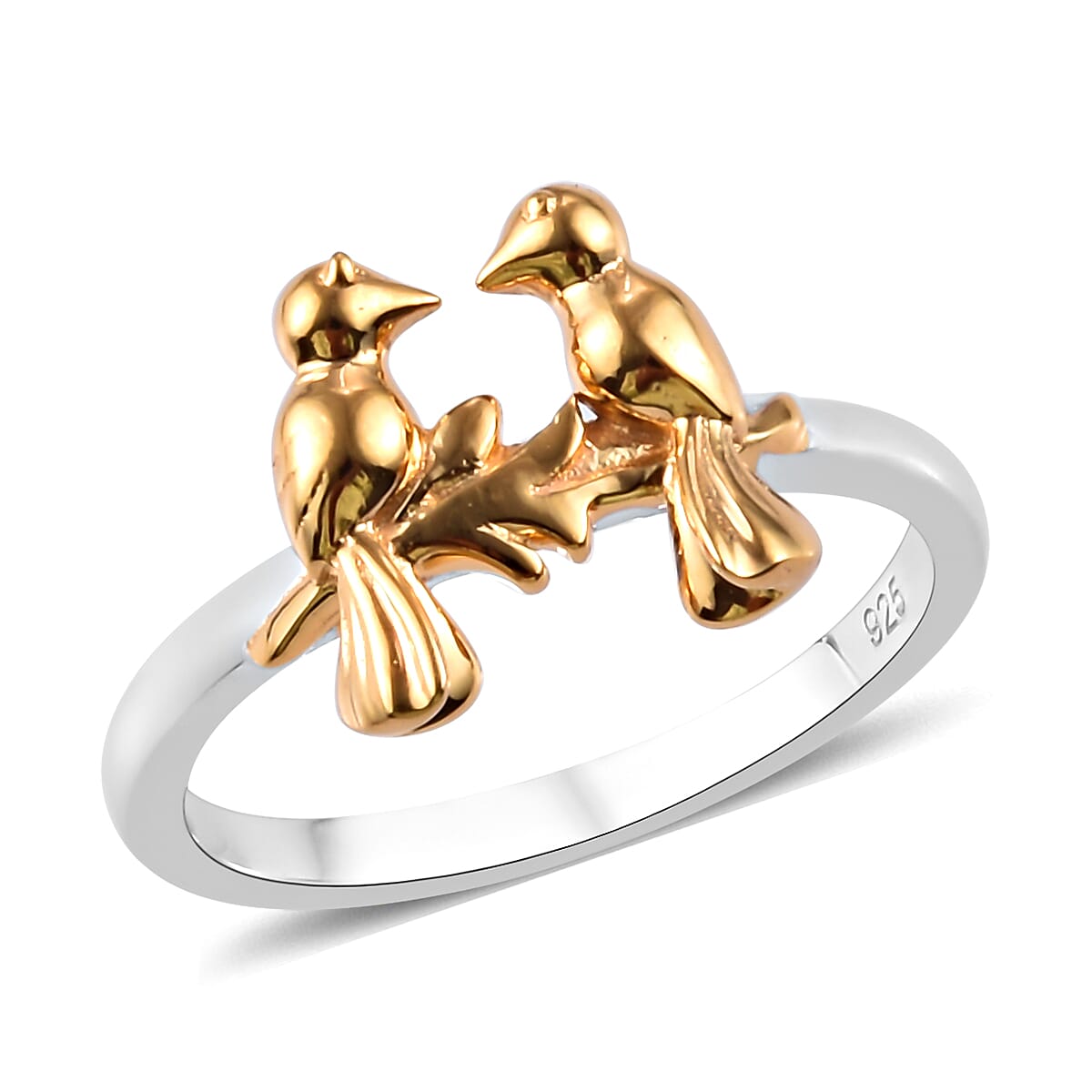 Platinum and Yellow Gold Overlay Sterling Silver Twin Bird Couple Ring