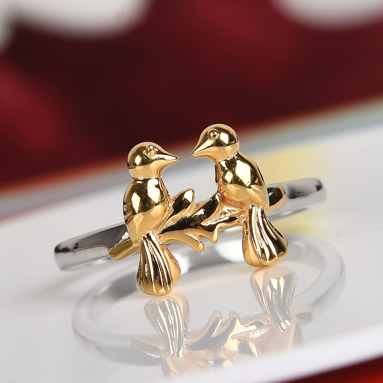 Platinum and Yellow Gold Overlay Sterling Silver Twin Bird Couple Ring