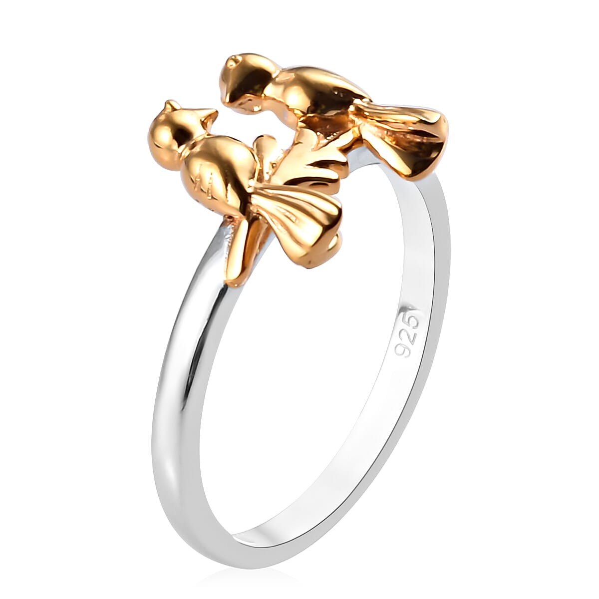 Platinum and Yellow Gold Overlay Sterling Silver Twin Bird Couple Ring