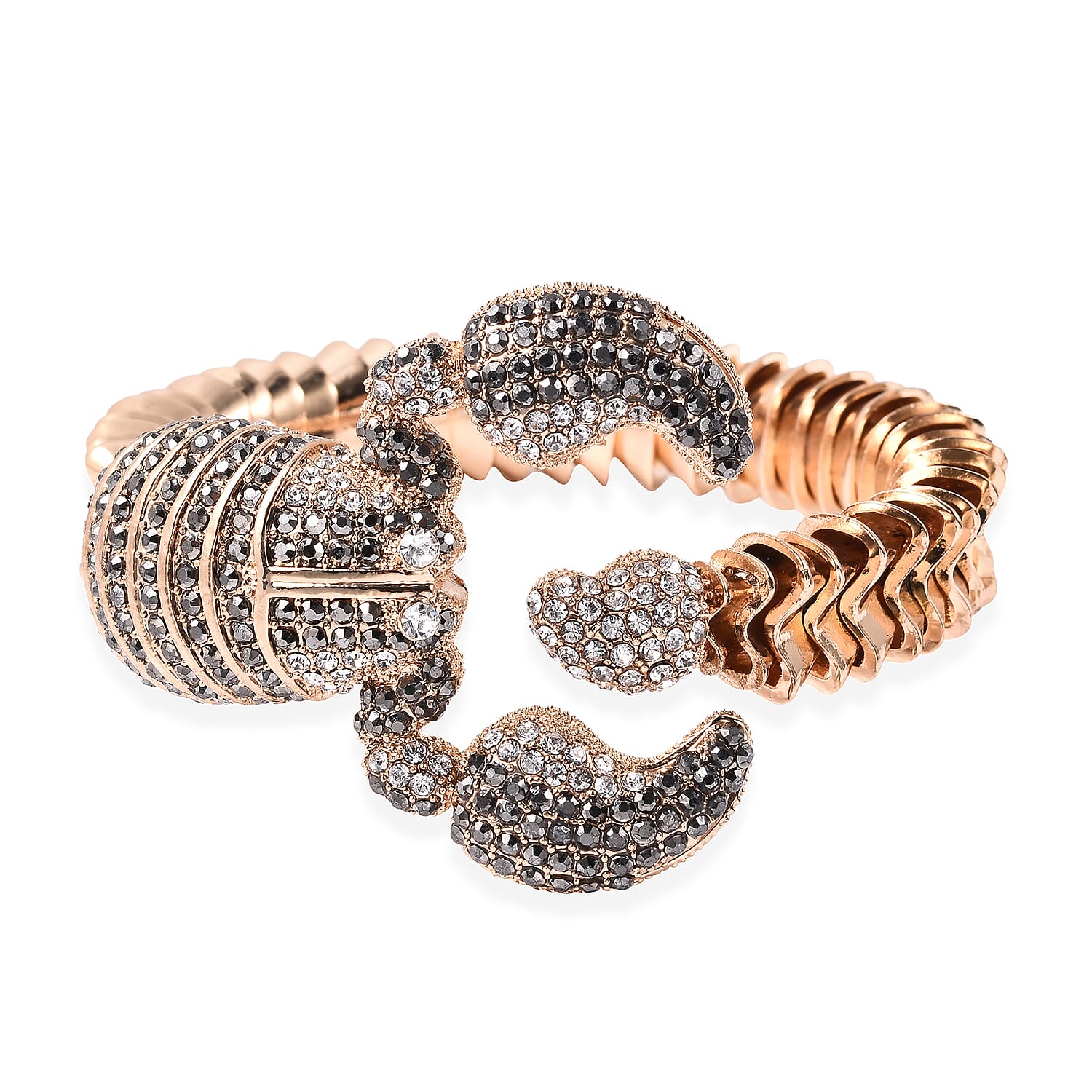 Hematite Colour Austrian Crystal and White Austrian Crystal Scorpion Bangle (Size 7) in Yellow Gold Tone