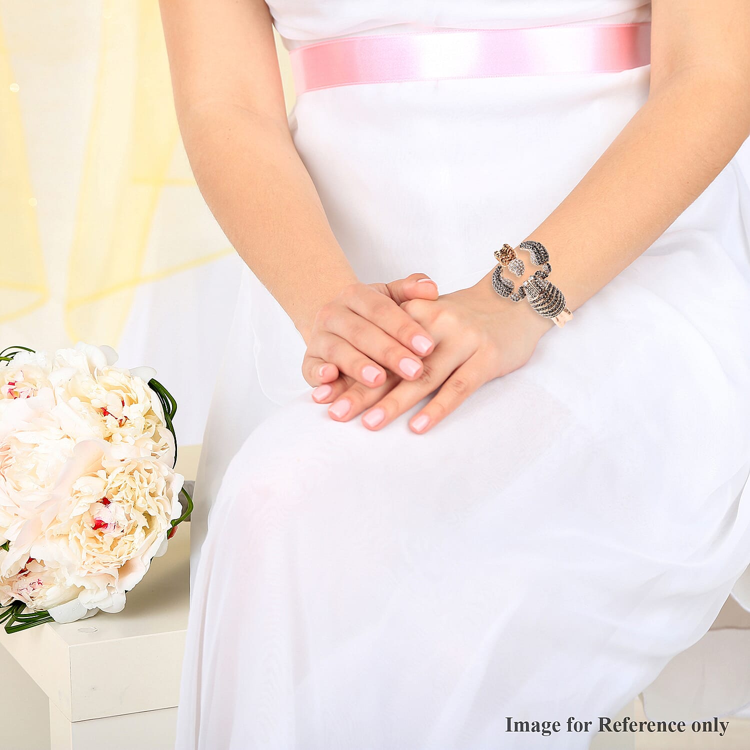 Hematite Colour Austrian Crystal and White Austrian Crystal Scorpion Bangle (Size 7) in Yellow Gold Tone