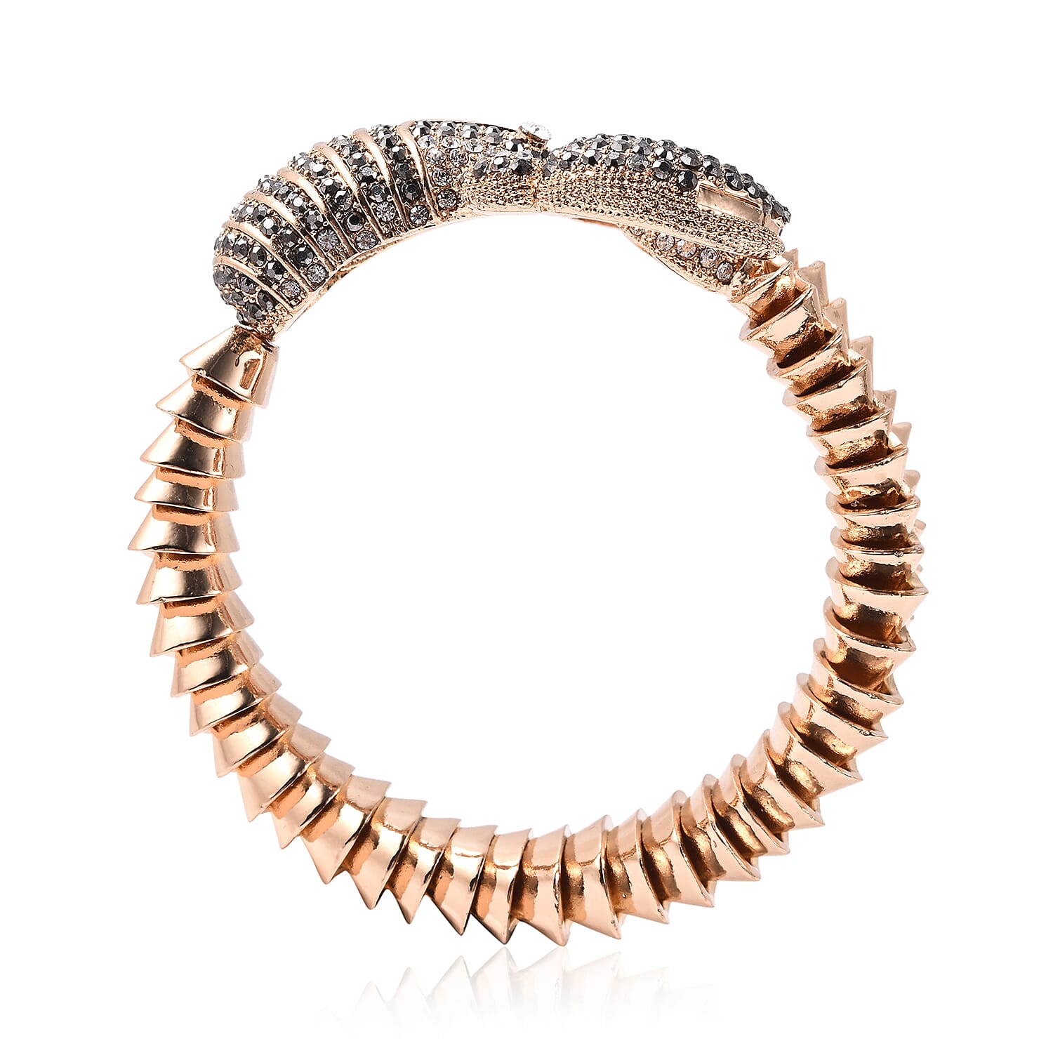 Hematite Colour Austrian Crystal and White Austrian Crystal Scorpion Bangle (Size 7) in Yellow Gold Tone