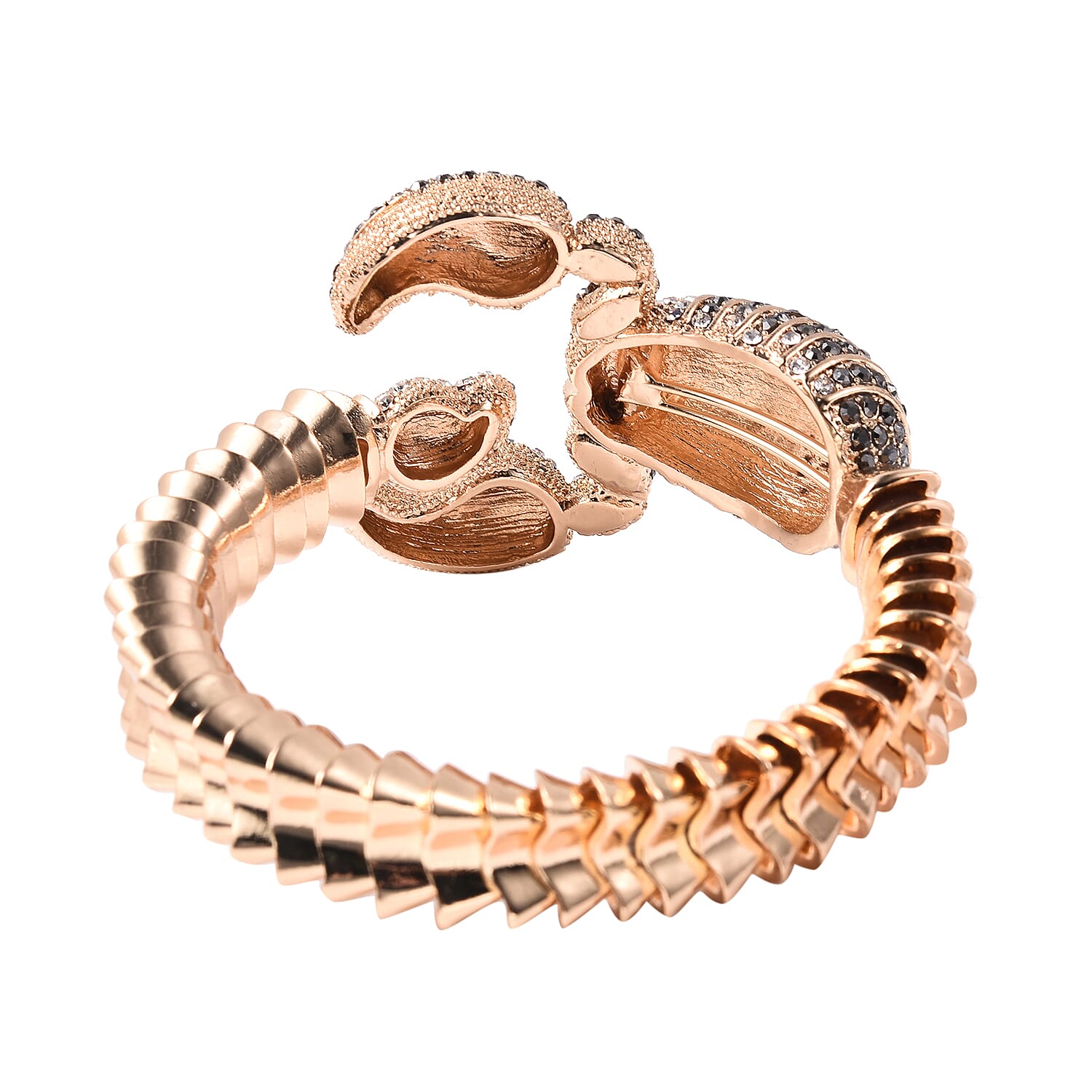 Hematite Colour Austrian Crystal and White Austrian Crystal Scorpion Bangle (Size 7) in Yellow Gold Tone