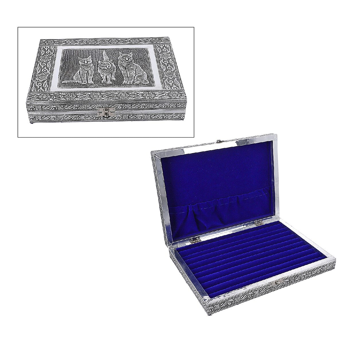 Close Out Deal- Teak Wood Cat Hand Crafted Aluminium Embossed  Ring Box (20X28X5CM)