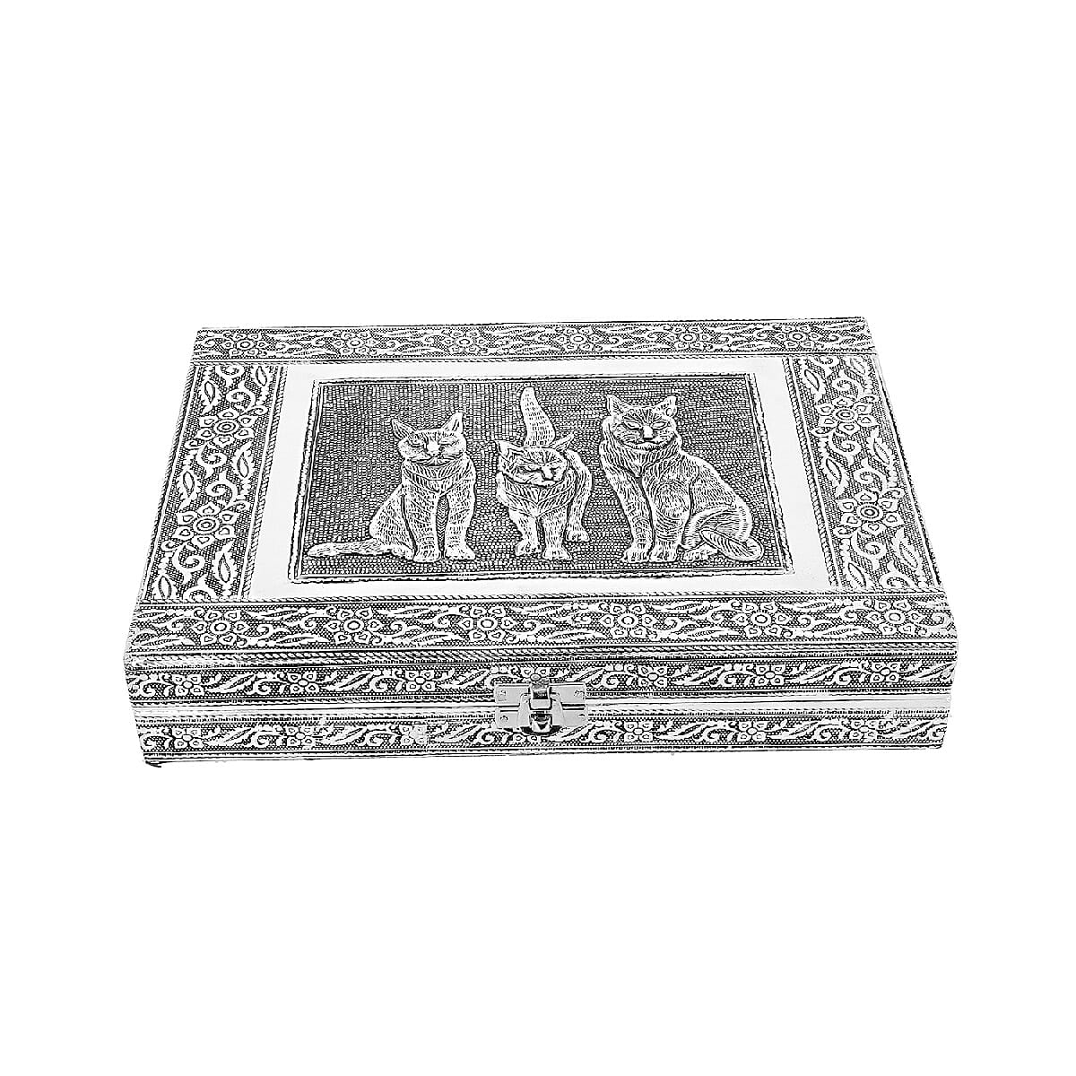 Close Out Deal- Teak Wood Cat Hand Crafted Aluminium Embossed  Ring Box (20X28X5CM)
