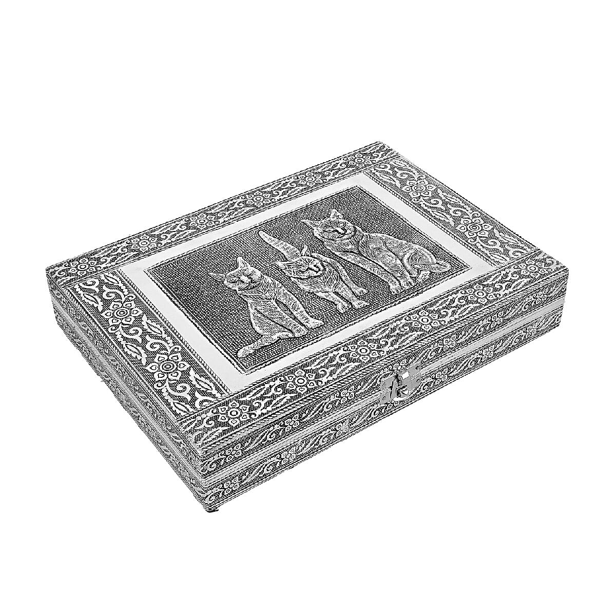 Close Out Deal- Teak Wood Cat Hand Crafted Aluminium Embossed  Ring Box (20X28X5CM)