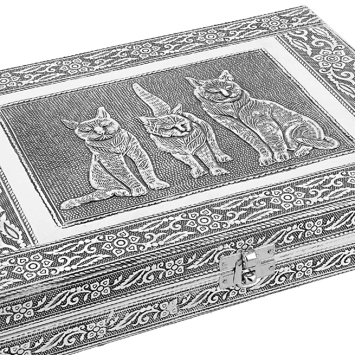 Close Out Deal- Teak Wood Cat Hand Crafted Aluminium Embossed  Ring Box (20X28X5CM)