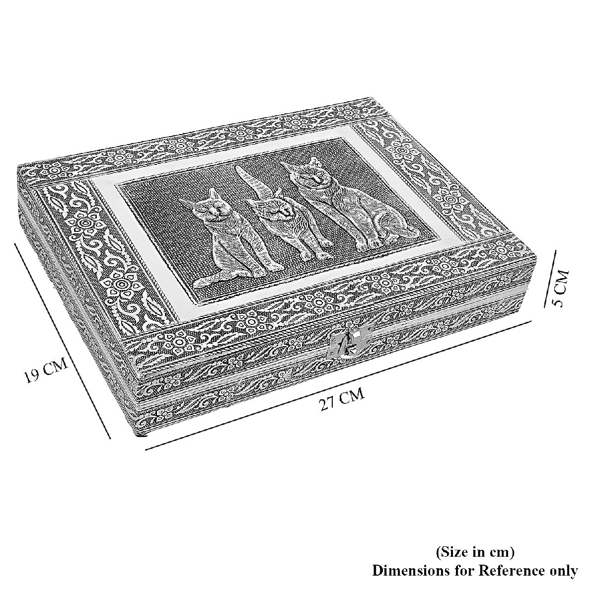 Close Out Deal- Teak Wood Cat Hand Crafted Aluminium Embossed  Ring Box (20X28X5CM)