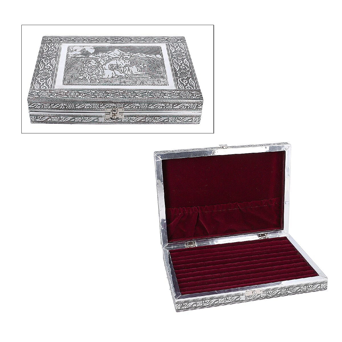 Close Out Deal- Teak Wood Lion Family Hand Crafted Aluminium Embossed Ring Box (20X28X5CM)