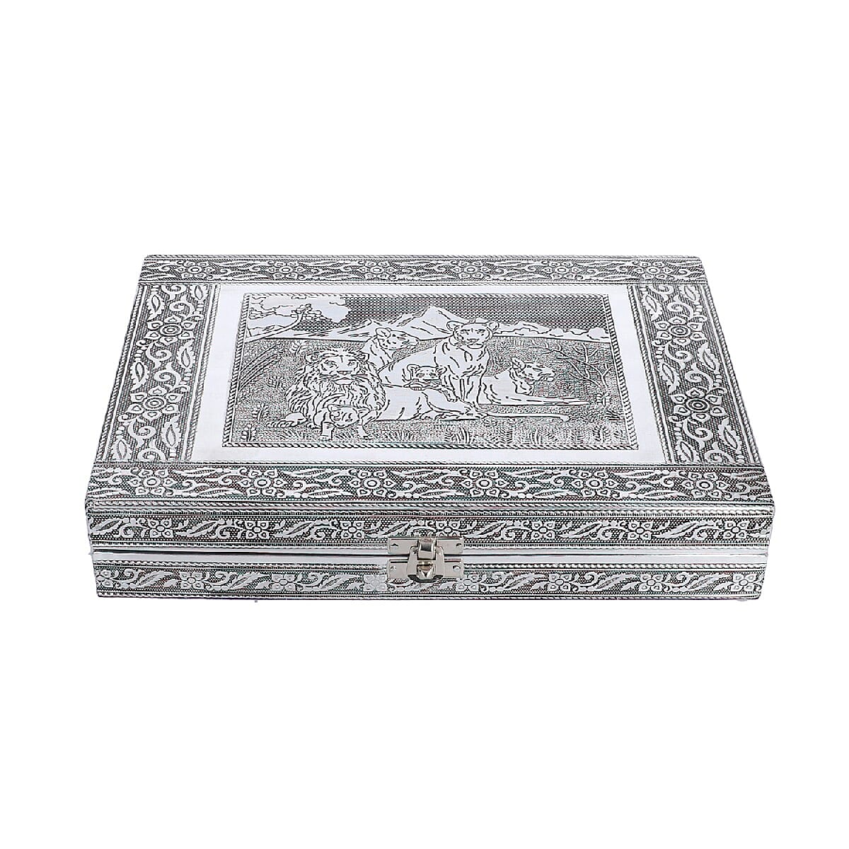 Close Out Deal- Teak Wood Lion Family Hand Crafted Aluminium Embossed Ring Box (20X28X5CM)