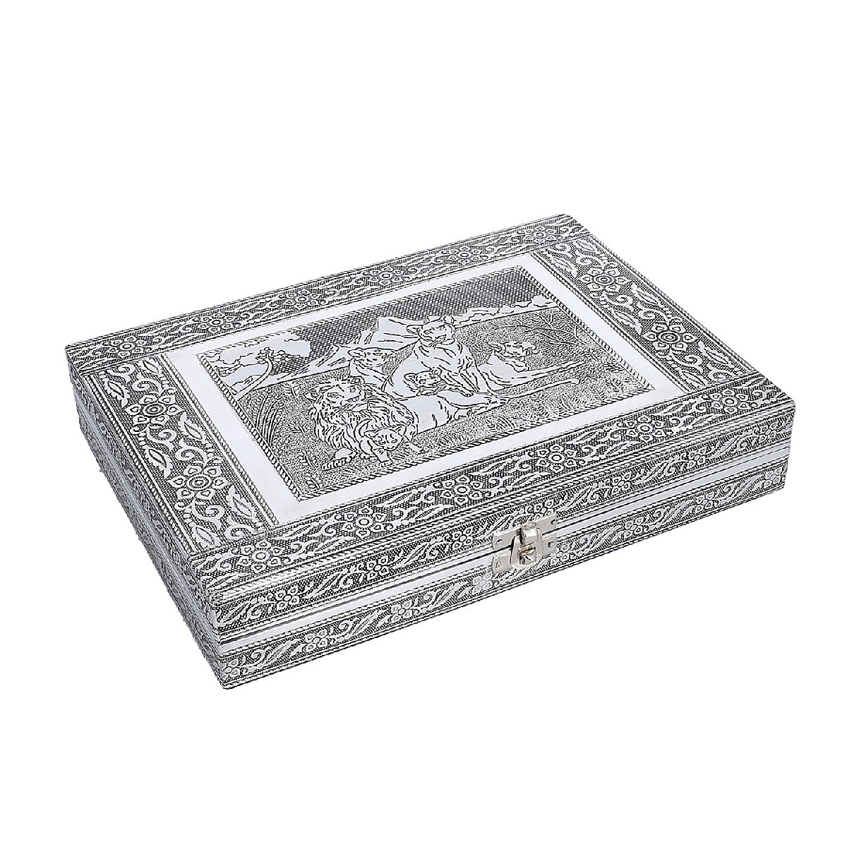 Close Out Deal- Teak Wood Lion Family Hand Crafted Aluminium Embossed Ring Box (20X28X5CM)