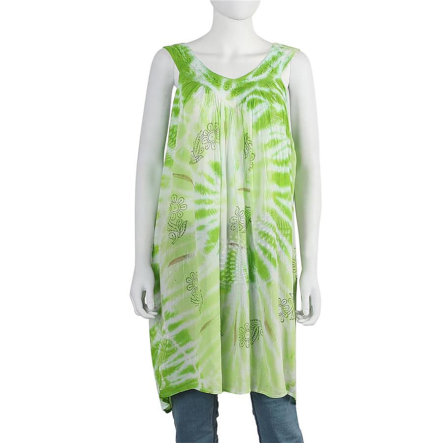 Tie-Dye Embroidered V Neck Dress - One Size Fits All: Length: 90cm - Green