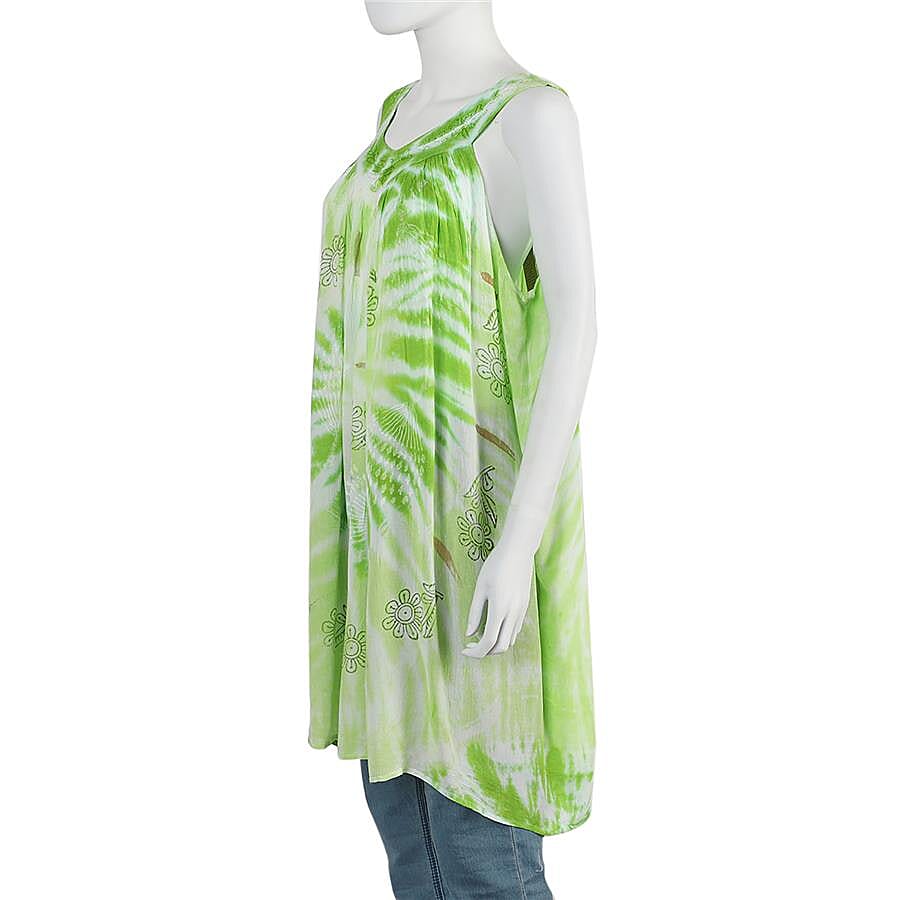 Tie-Dye Embroidered V Neck Dress - One Size Fits All: Length: 90cm - Green