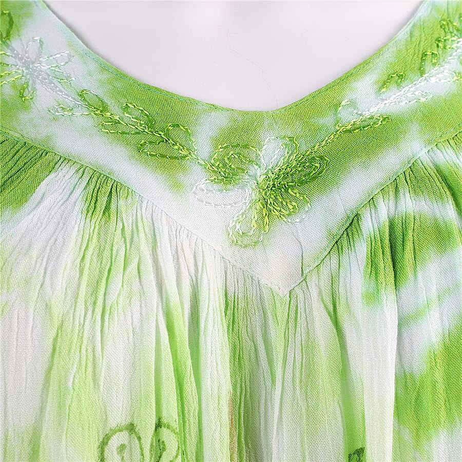 Tie-Dye Embroidered V Neck Dress - One Size Fits All: Length: 90cm - Green