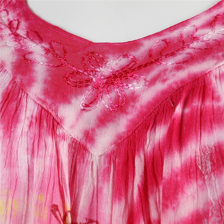 Tie-Dye Embroidered V Neck Summer Dress - One Size Fits All: Length: 90cm -  Pink - 3598780