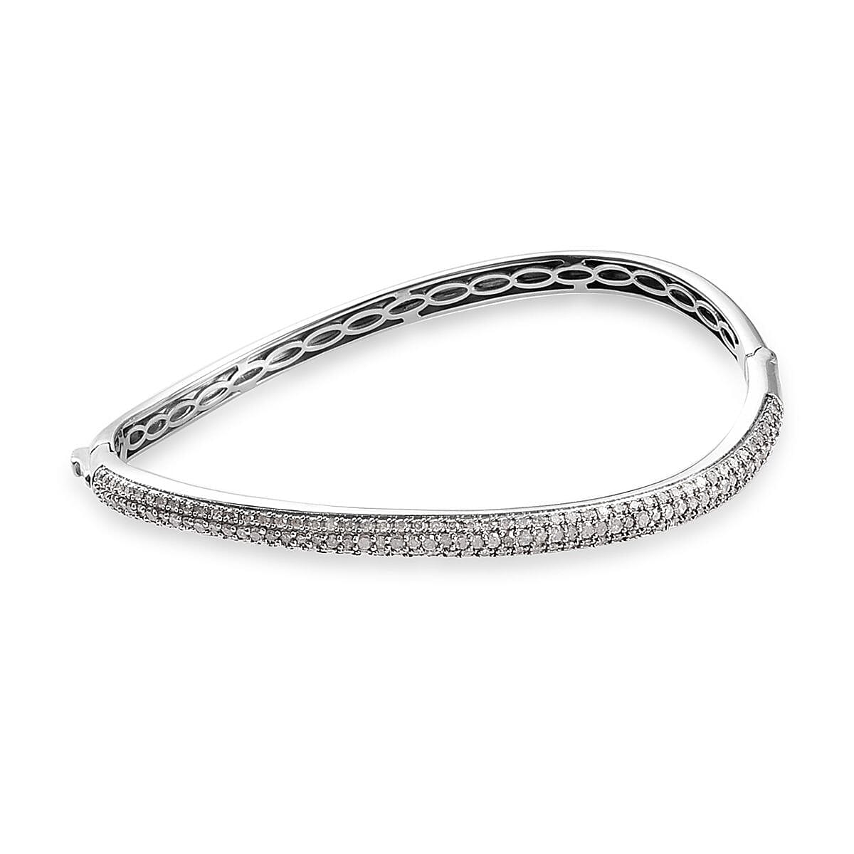 GP - Diamond and Blue Sapphire Wave Design Bangle (Size 7.5) in Platinum Overlay Sterling Silver 2.02 Ct, Silver wt 16.20 Gms