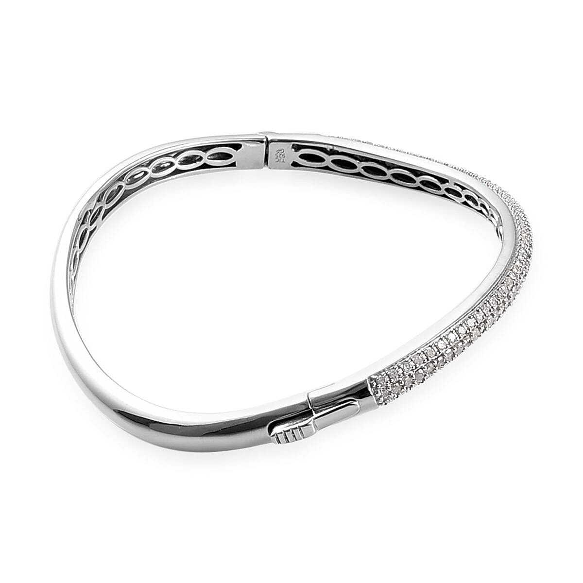 GP - Diamond and Blue Sapphire Wave Design Bangle (Size 7.5) in Platinum Overlay Sterling Silver 2.02 Ct, Silver wt 16.20 Gms