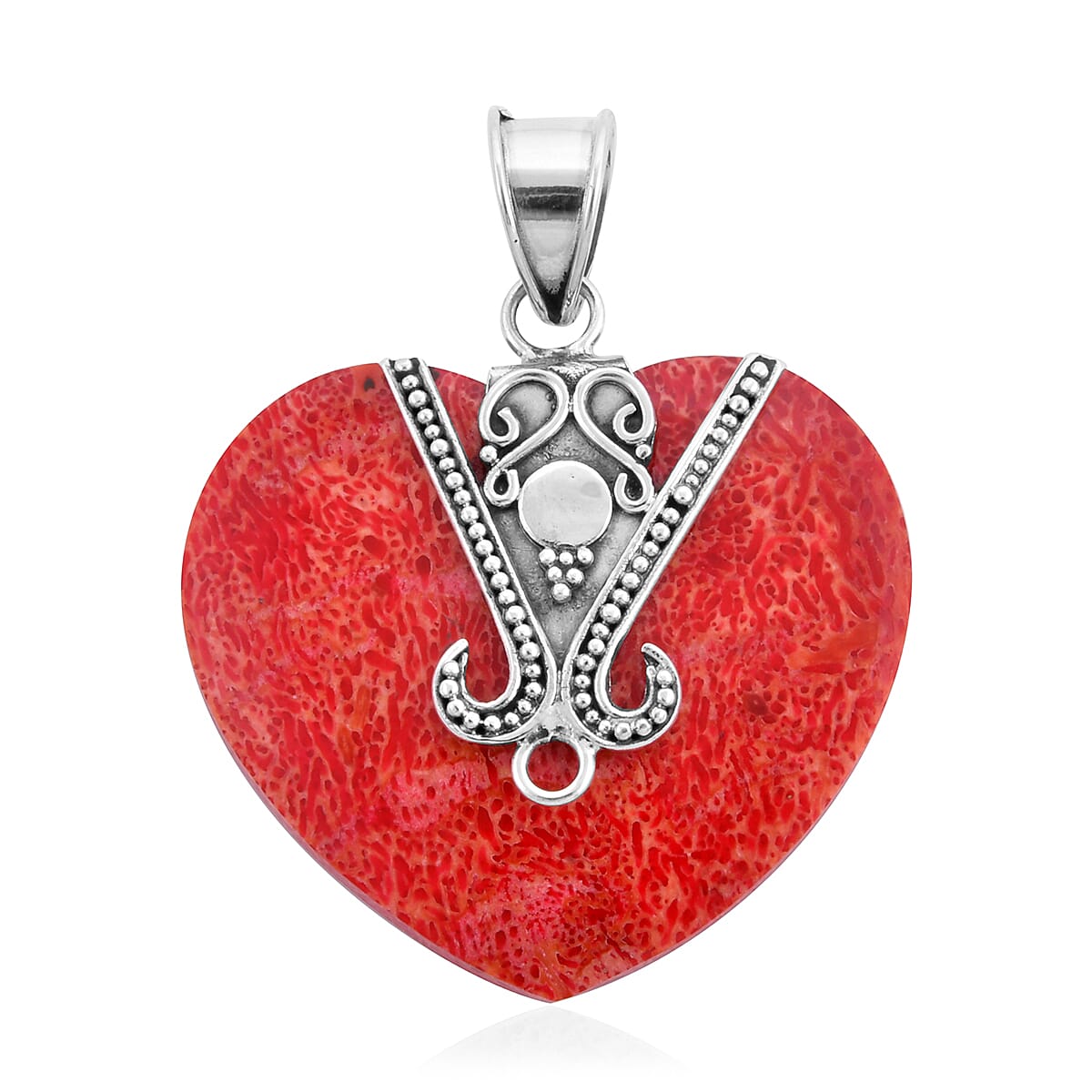 Royal Bali Collection - Red Sponge Coral Heart Pendant in Sterling Silver