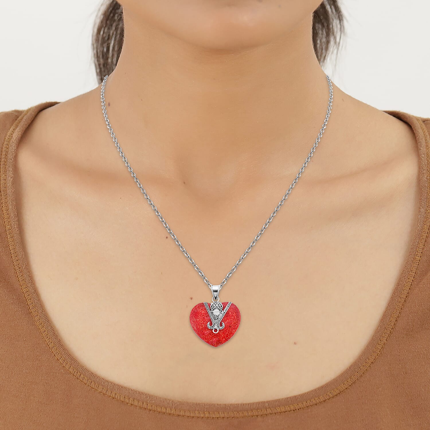 Royal Bali Collection - Red Sponge Coral Heart Pendant in Sterling Silver