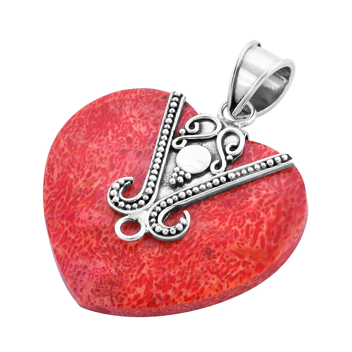 Royal Bali Collection - Red Sponge Coral Heart Pendant in Sterling Silver