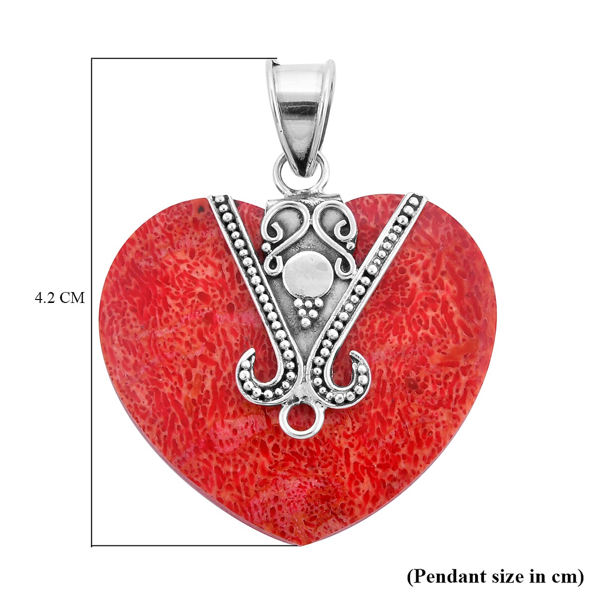 Royal Bali Collection - Red Sponge Coral Heart Pendant in Sterling Silver
