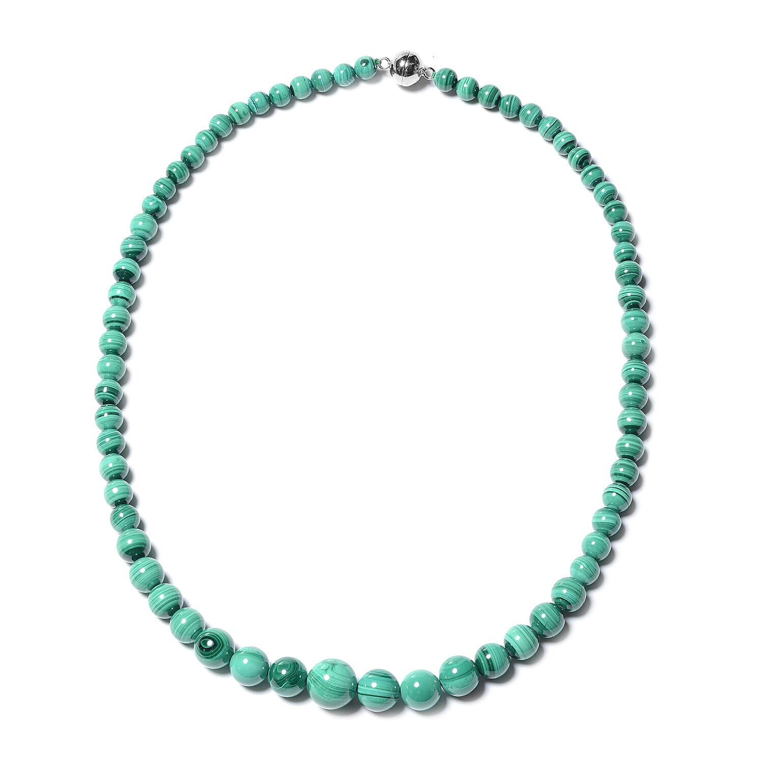 Malachite Graduated Beads Necklace (Size 20) with Magnetic Lock in Rhodium Overlay Sterling Silver 305.5 Ct.