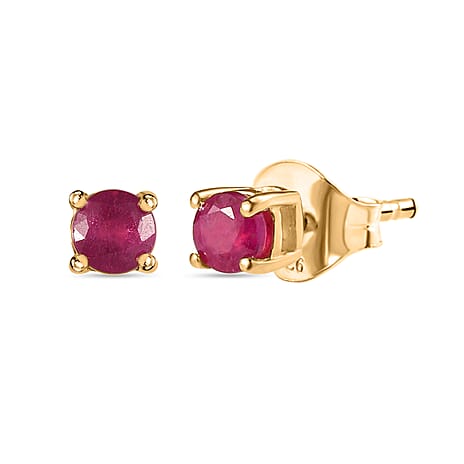 African Ruby Solitaire Stud Earrings with Push Back in 18K Vermeil Yellow Gold Plated Sterling Silver