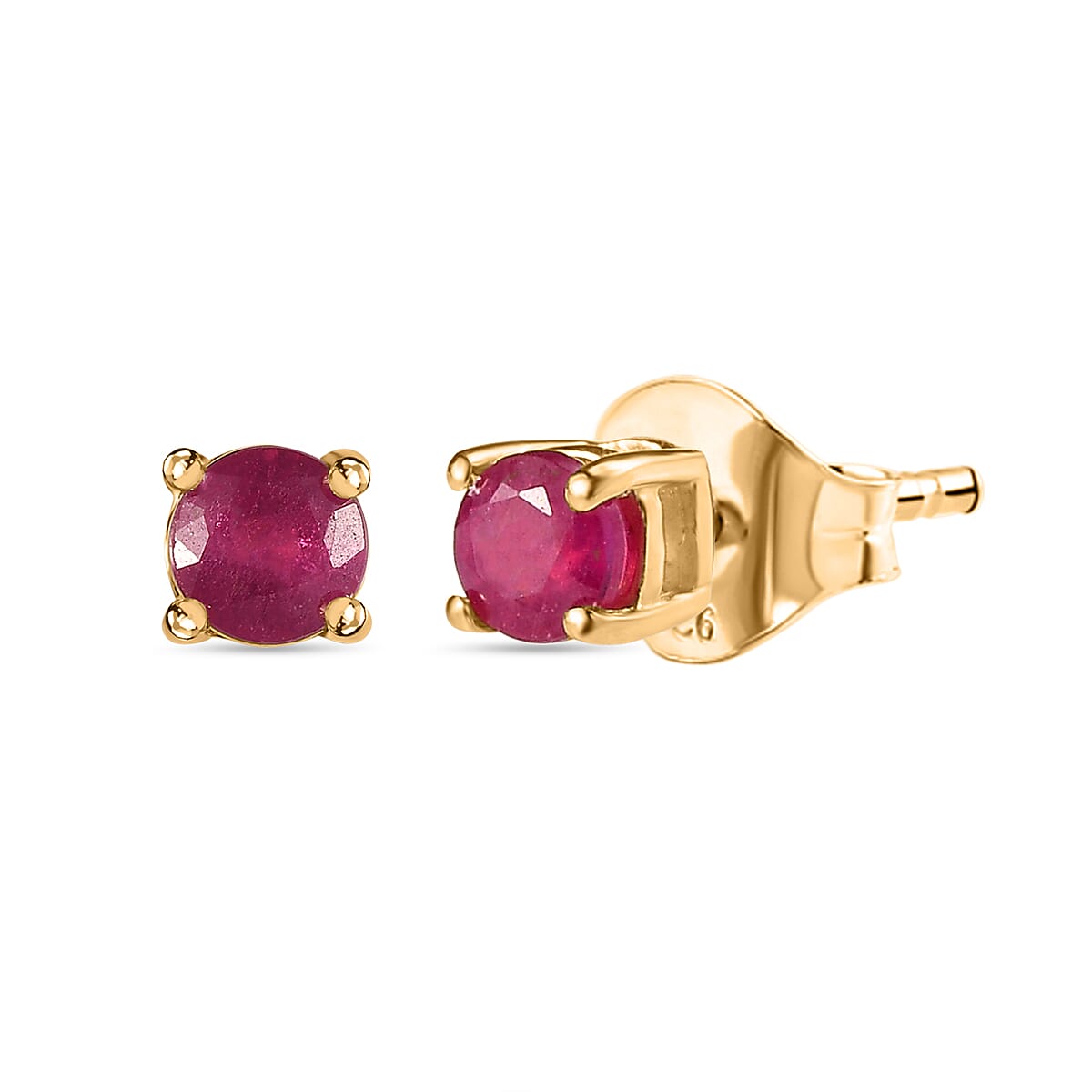 African Ruby Solitaire Stud Earrings with Push Back in 18K Vermeil Yellow Gold Plated Sterling Silver
