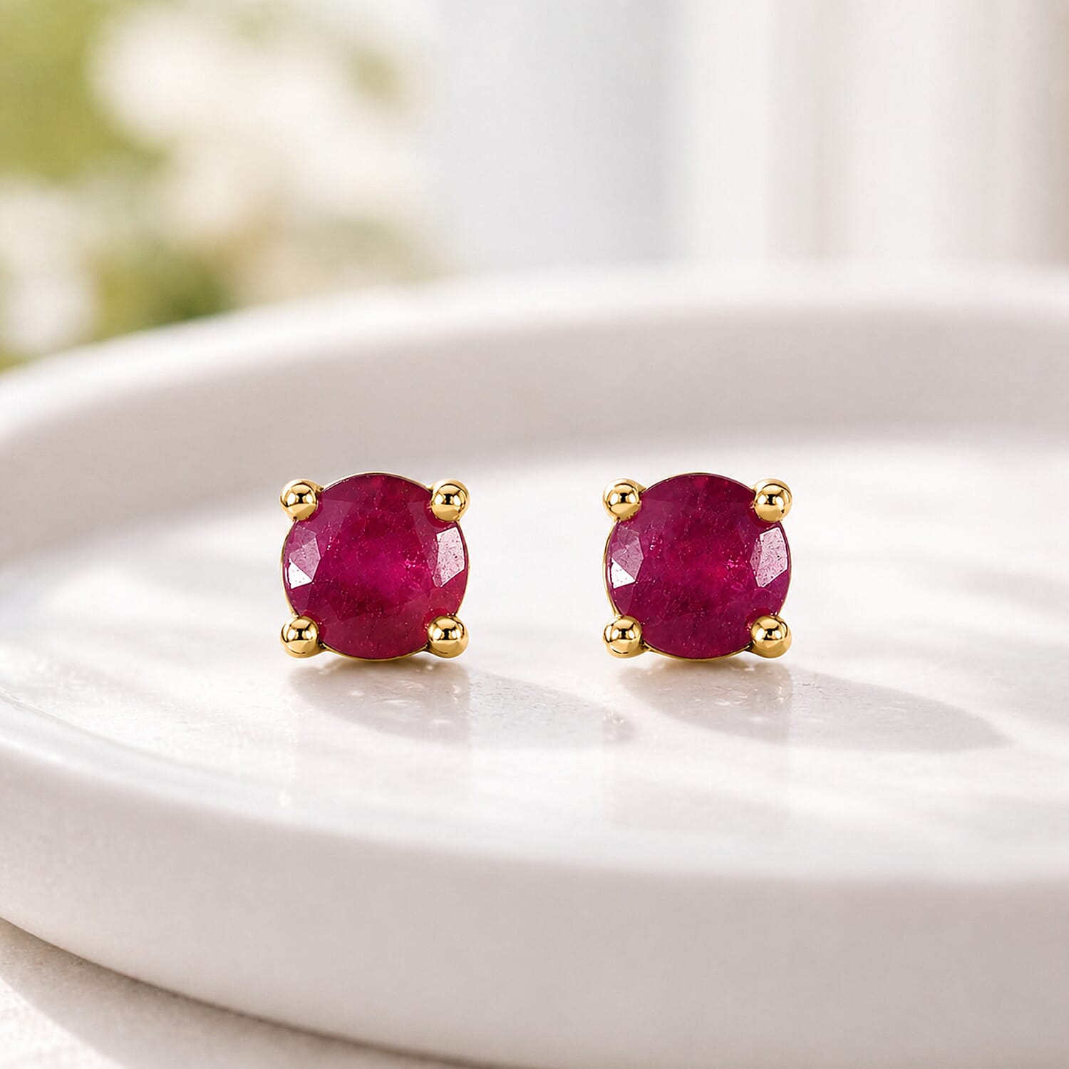 African Ruby Solitaire Stud Earrings with Push Back in 18K Vermeil Yellow Gold Plated Sterling Silver