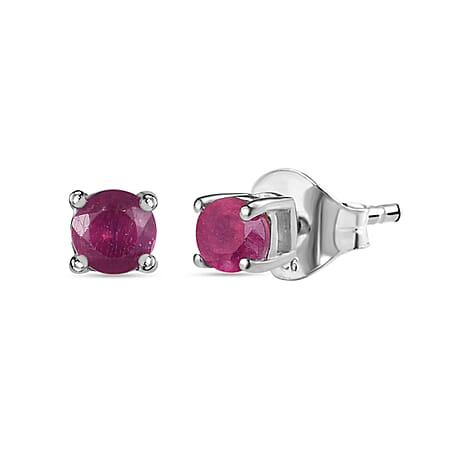 African Ruby Stud Solitaire Earrings with Push Back in Platinum Overlay Sterling Silver