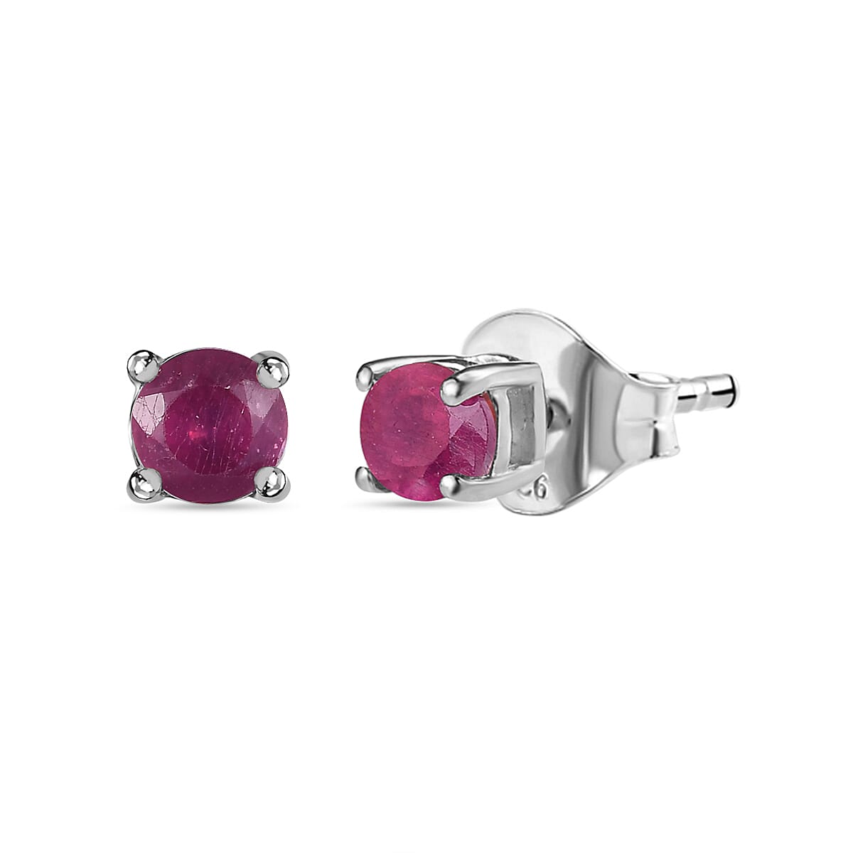 African Ruby Solitaire Stud Earrings with Push Back in Platinum Overlay Sterling Silver