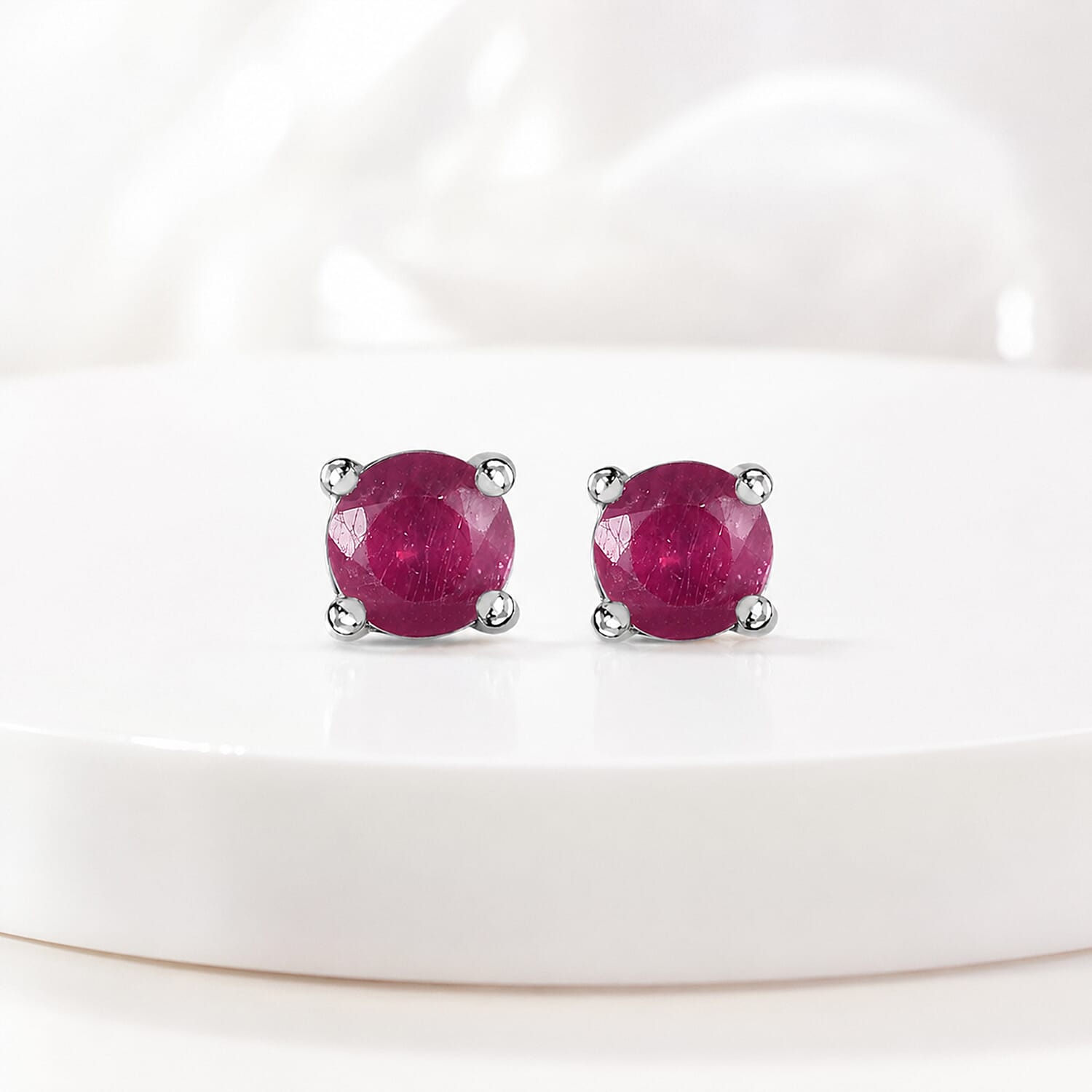 African Ruby Solitaire Stud Earrings with Push Back in Platinum Overlay Sterling Silver
