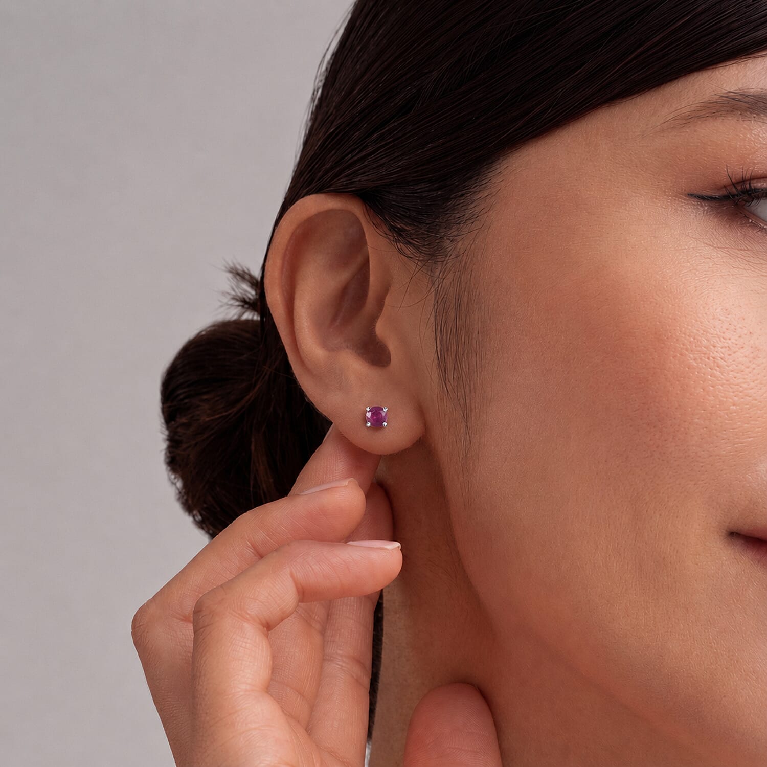 African Ruby Solitaire Stud Earrings with Push Back in Platinum Overlay Sterling Silver