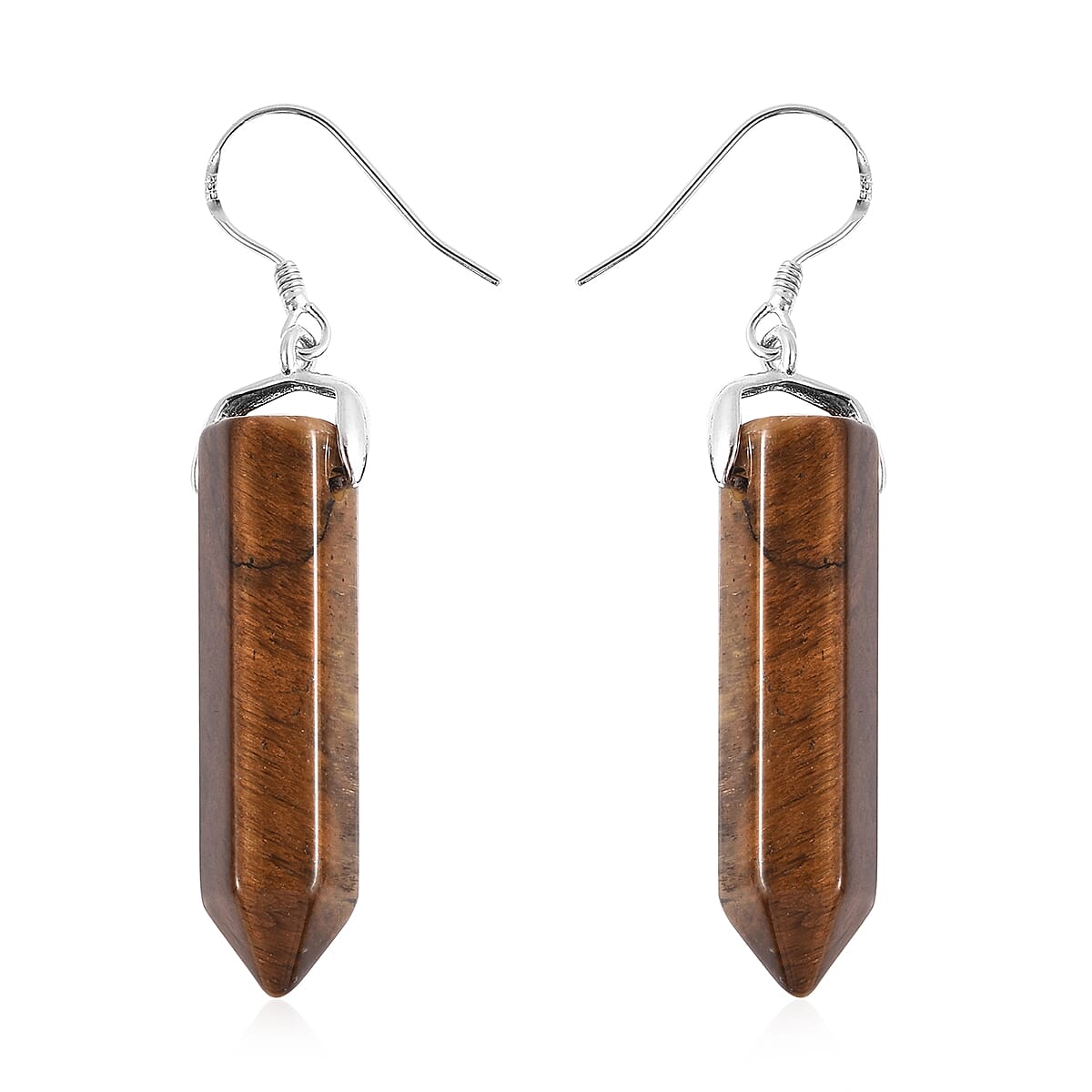 Yellow Tiger Eye Pendulum Hook Earrings in Rhodium Overlay Sterling Silver 43.50 Ct.